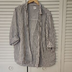 Sigrid Olsen Black and White Striped Shirt Button Down XXL  100% Linen.